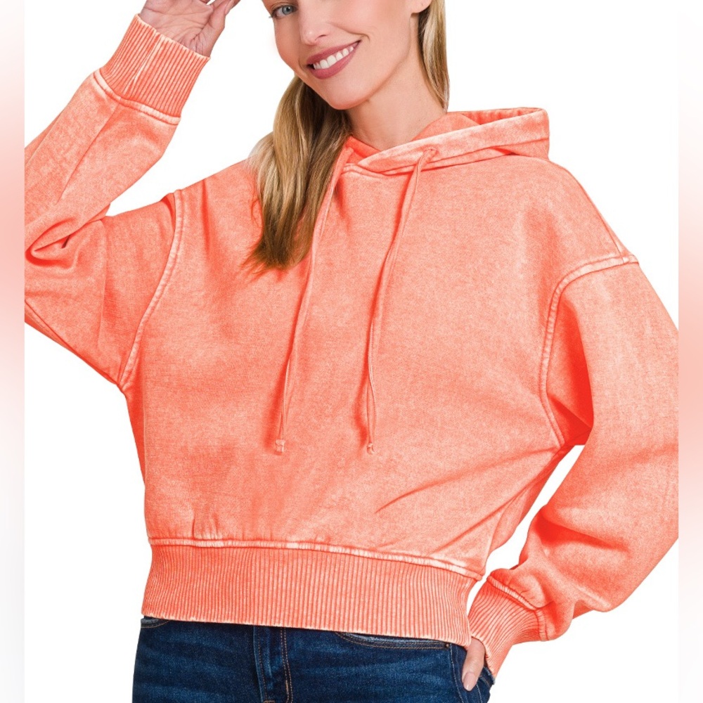 Acid Wash Fleece Cropped Hoodie in Coral